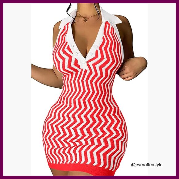 Dresses & Skirts - Polyester+Spandex Halter Mini Dress Backless V-Neck Bodycon Sundress